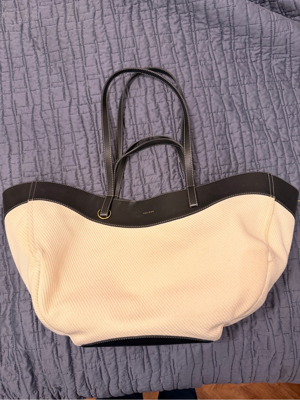 Polene Two-Tone Cream Canvas Tote with Black Trim